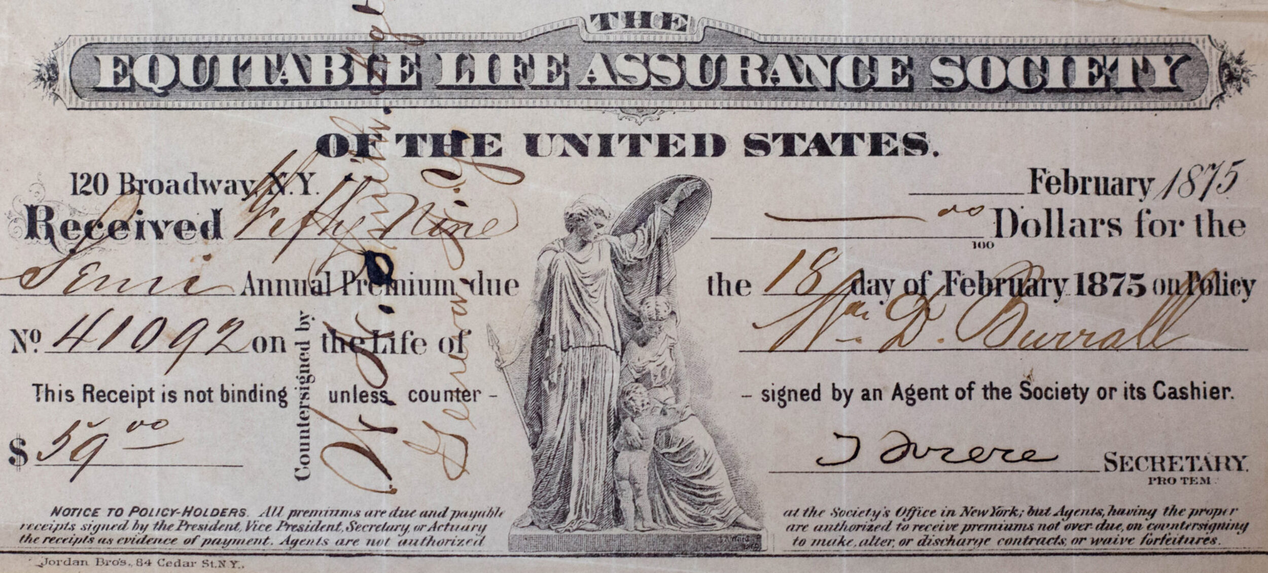 C.S. Burrall and Son Equitable Life Assurance Society Certificate from 1875