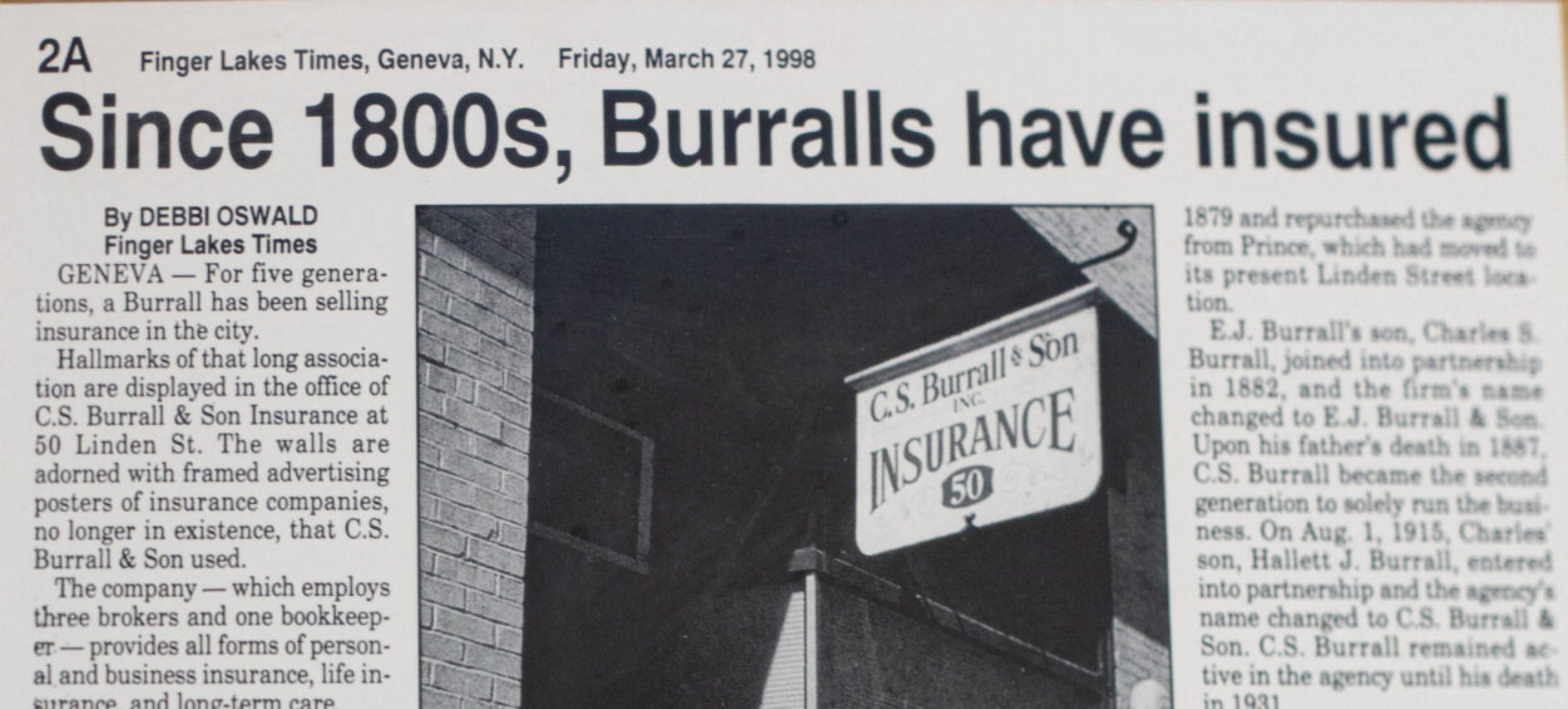 Since 1800s Burralls Have Insured - Finger Lakes Times Article - C.S. Burrall and Son Insurance
